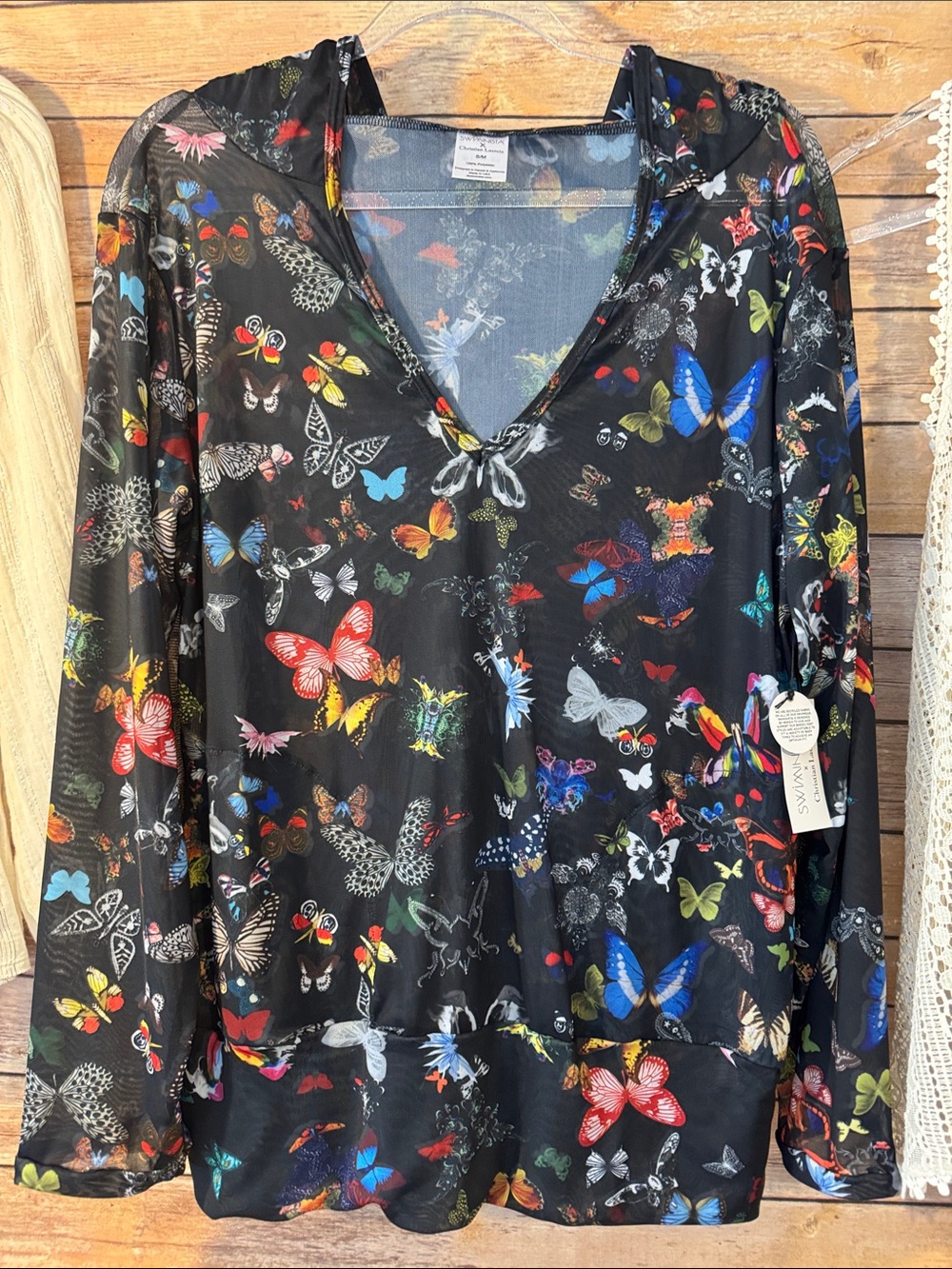 Swiminista Black Butterfly Print Mesh V-Neck Long Sleeve Hoodie Top